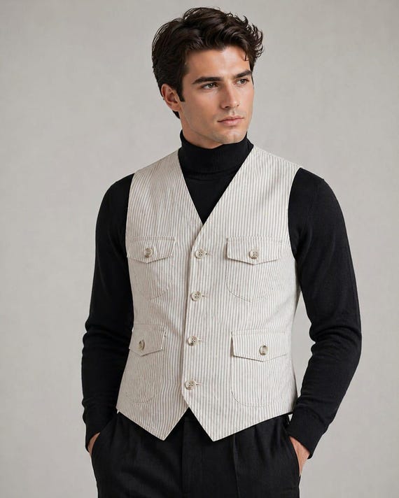 Men's Beige Pinstripe Tailored Vest – Vintage Style V-Neck Gilet, Formal Casual Layering Piece
