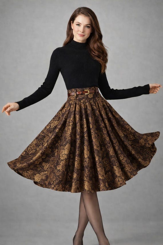 Vintage Brown Brocade Midi Skirt, High Waist Floral Jacquard