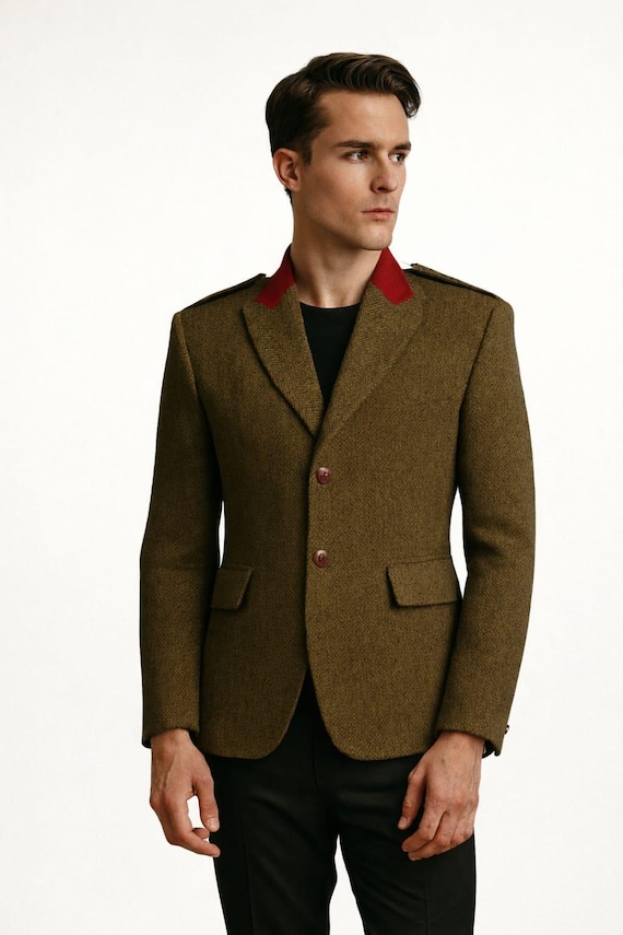 Men’s Tweed Blazer Jacket , Victorian Style Brown Herringbone Coat , Red Collar Tailored Vintage Menswear