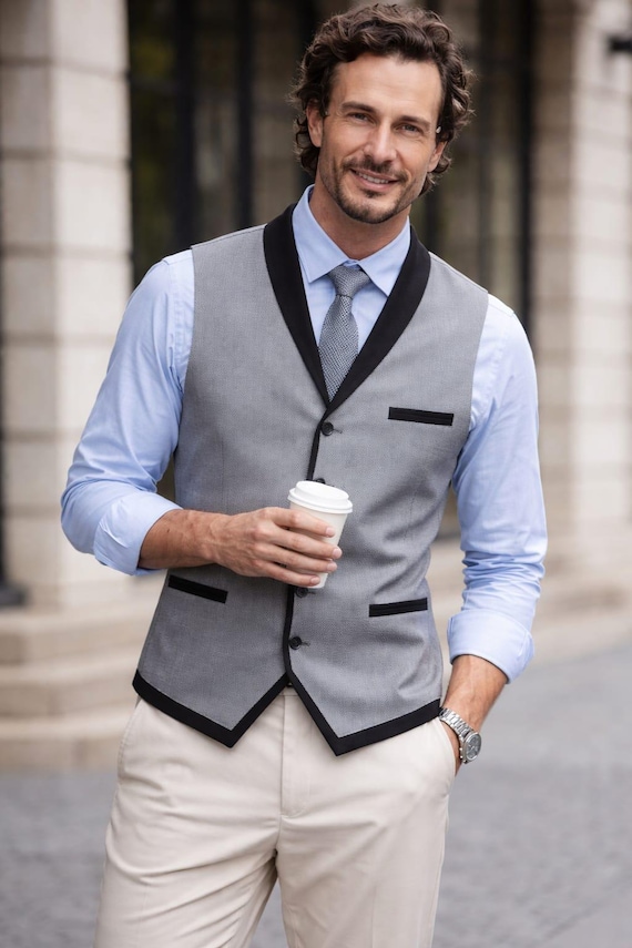 Men's Grey Waistcoat Vest – Slim Fit Formal, Victorian Style, Black Trim Suit Vest