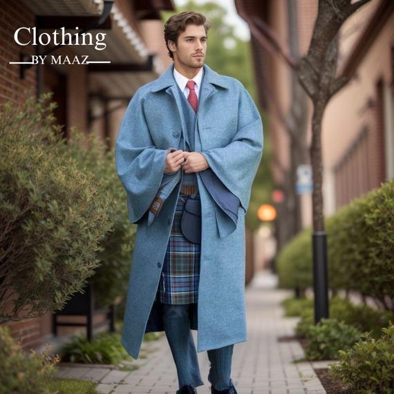 Handmade Victorian Tweed Inverness Cape Coat: Light Blue Wool Outerwear