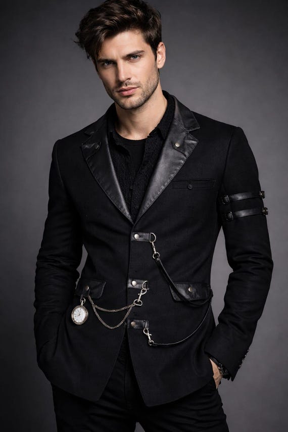 Men’s Gothic Victorian Black Jacket – Steampunk Tailcoat Blazer with Chains, Dark Academia Formal Coat, Vampire Wedding Outfit