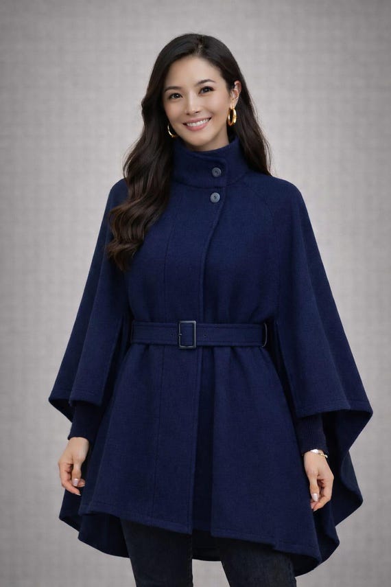 Navy Wool Cape Coat - Belted Poncho Jacket, High Collar Outerwear