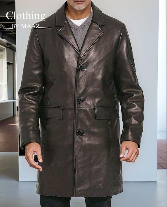 Handmade Distressed Brown Leather Trench Coat: Men's Aviator Style