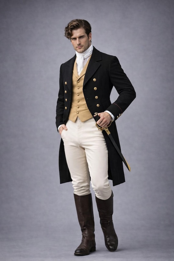 Men's Black Victorian Tailcoat | Regency Military Style Frock Coat
