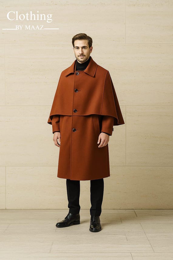 Men's Brown Wool Inverness Cape Coat: Victorian Duster Overcoat