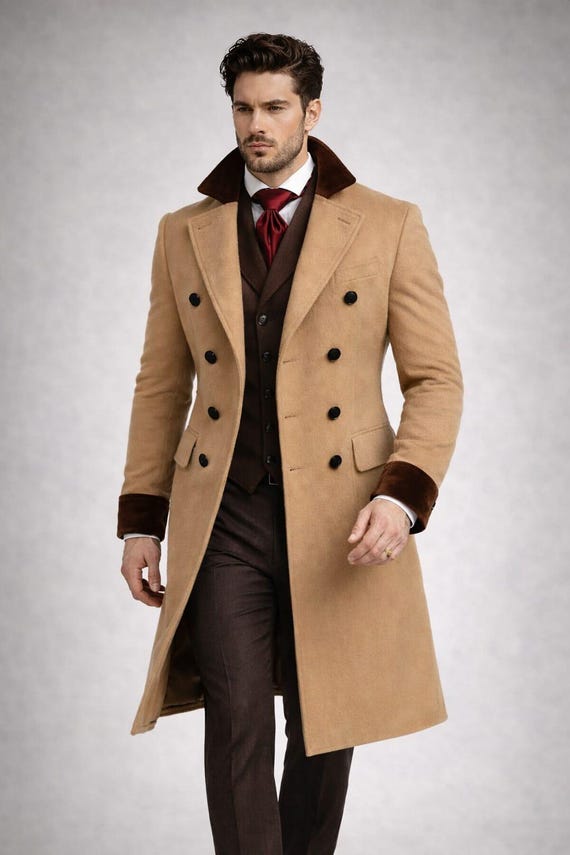 Men's Camel Wool Blend Double Breasted Overcoat, Velvet Collar Formal Trench Coat