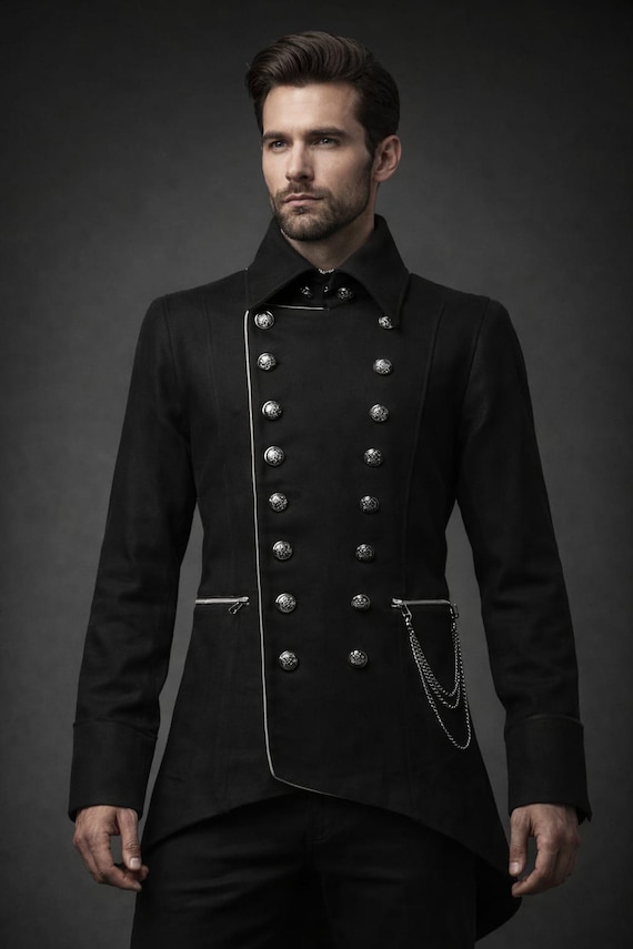 Men’s Gothic Military Jacket Black , Victorian Steampunk Coat , Punk Rock Button Jacket  ,Gothic Alternative Clothing