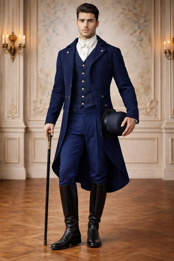 Regency Navy Blue Tailcoat Costume, Victorian Gentleman Formal Wear, Pride and Prejudice Inspired Outfit
