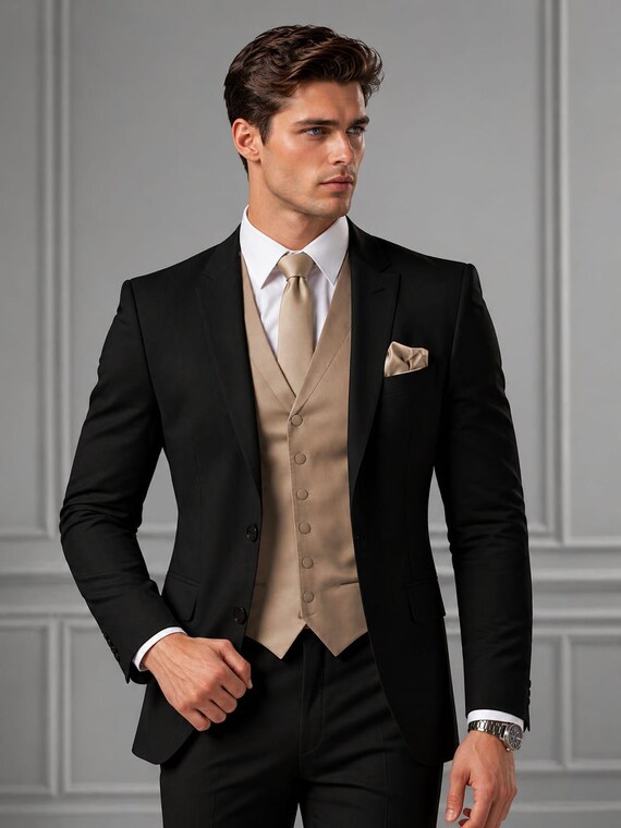 Men's Black 3-Piece Suit – Beige Vest, Tie, Pocket Square, Slim Fit Formal Outfit