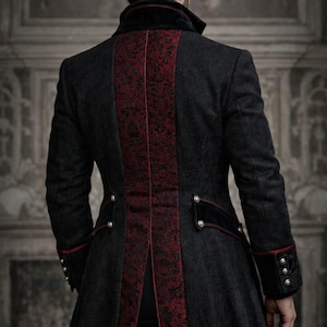Men’s Gothic Black Victorian Coat – Steampunk Tailcoat Jacket with Red Brocade Vest – Vampire Wedding Long Blazer Costume