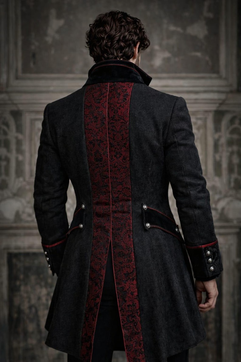Men’s Gothic Black Victorian Coat – Steampunk Tailcoat Jacket with Red Brocade Vest – Vampire Wedding Long Blazer Costume