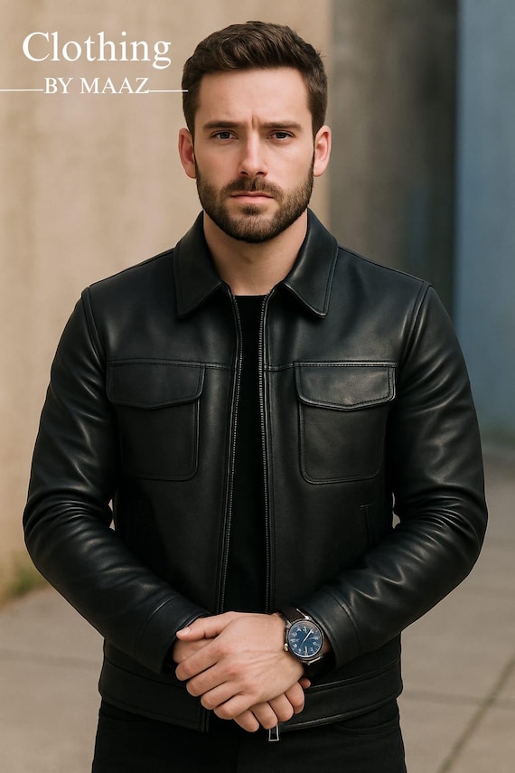 Handmade Lambskin Black Leather Aviator Jacket - Men's Outerwear