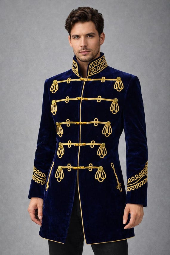 Mens Royal Blue Velvet Hussar Coat, Gold Embroidered Military Jacket