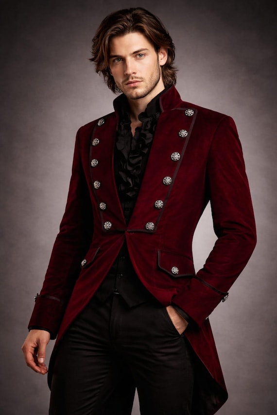 Men's Burgundy Velvet Victorian Tailcoat – Gothic Prince Steampunk Wedding Jacket