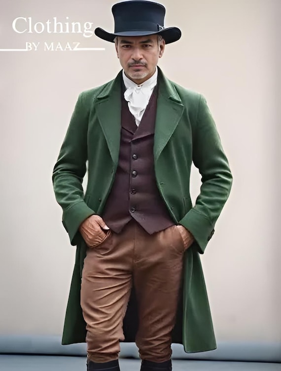 Handmade Green Wool Regency Coat - 18th Century Style