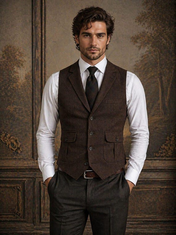 Men's Brown Tweed Waistcoat, Victorian Gentleman Formal Vest, Wedding Groomsmen Style