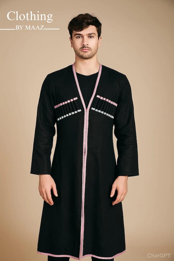 Men's 19th Century Cossack Chokha Coat: Black Wool, Silk Lined, Handmade Russian Costume