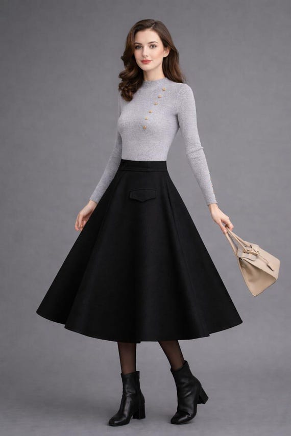 Black Wool Midi Skirt, High Waist A-Line, Vintage Victorian Style