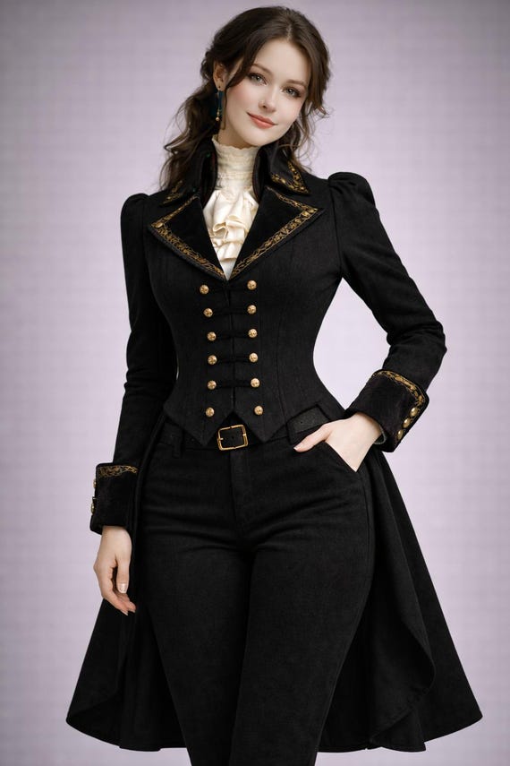 Victorian Tailcoat Jacket - Gothic Steampunk Blazer with Gold Embroidery, Military Style Frock Coat