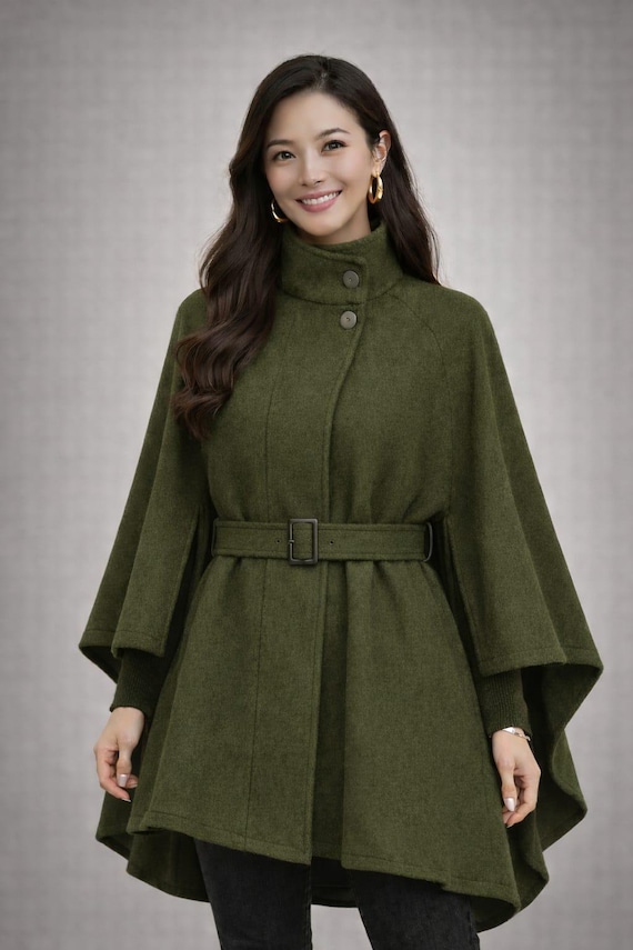 Wool Blend Green Cape Coat – Belted High Neck Poncho Jacket