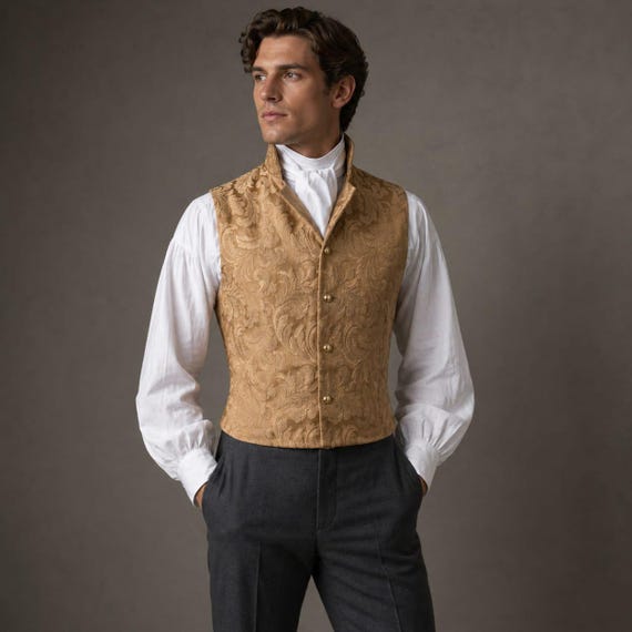 Gold Brocade Victorian Waistcoat – Men's Formal Jacquard Vest