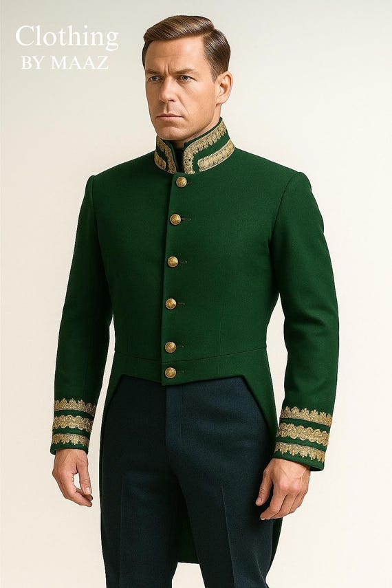 Vintage Green Military Tailored Coat with Gold Embroidery ,Victorian Inspired Men Jacket ,Elegant Officer Uniform ,Stylish Special Occasions