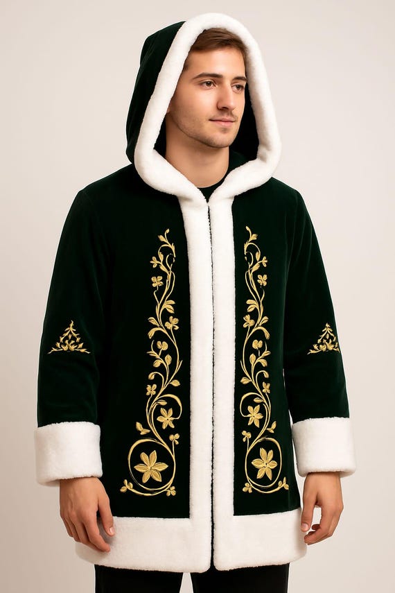 Men’s Velvet Embroidered Winter Coat , Black Hooded Fur Trim Jacket , Holiday Festival Cloak  , Warm Luxury Embroidered Outerwear , CBM