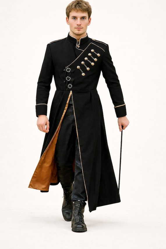 Black Wool Cossack Coat, Men's Long Frock Coat, Russian Costume