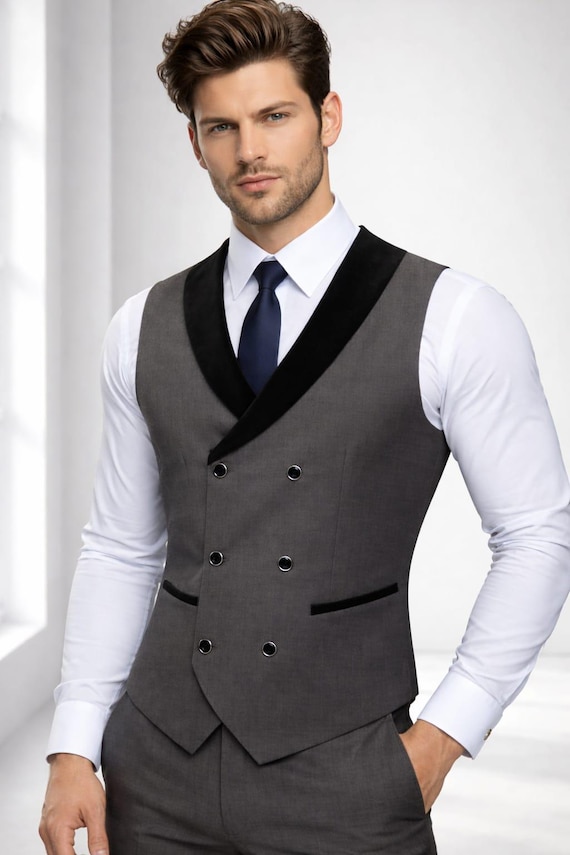 Men's Grey Double-Breasted Waistcoat, Black Shawl Lapel, Slim Fit Formal Vest
