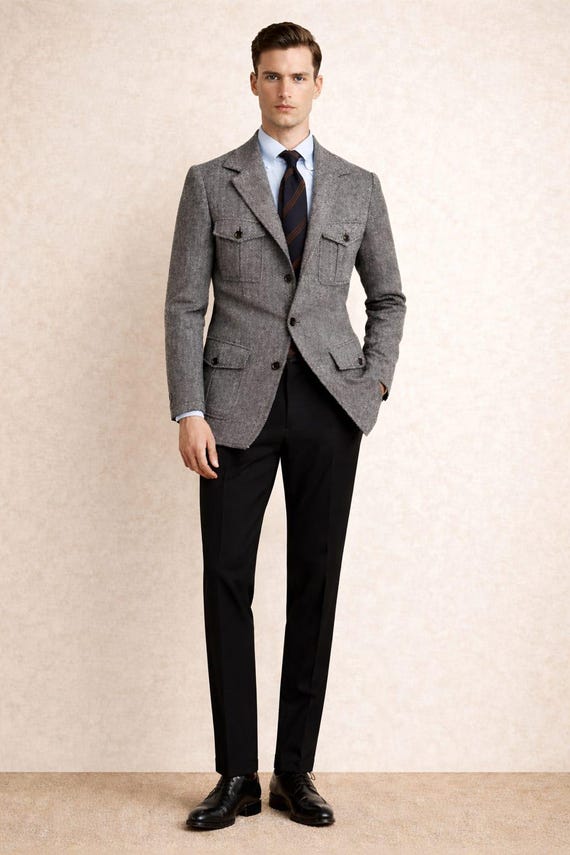 Men's Grey Textured Blazer, Victorian Style Slim Fit Formal Coat