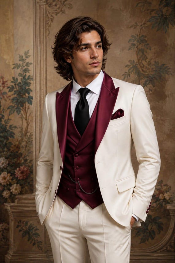 Men’s Ivory Tuxedo with Burgundy Satin Vest and Shawl Lapel – Wedding & Prom Suit