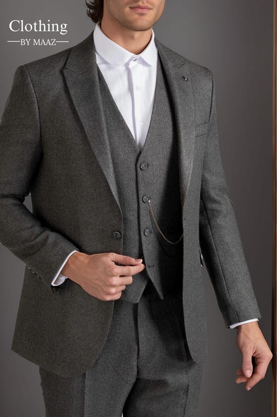 Grey Herringbone Tweed 3 Piece Suit: Men's Wedding Prom Business Attire