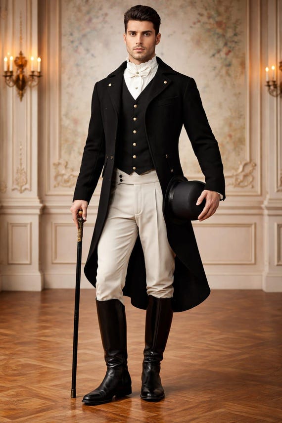 Men's Victorian Tailcoat Suit: Black Formal Wedding Groom Outfit, Regency Steampunk Gentleman Costume