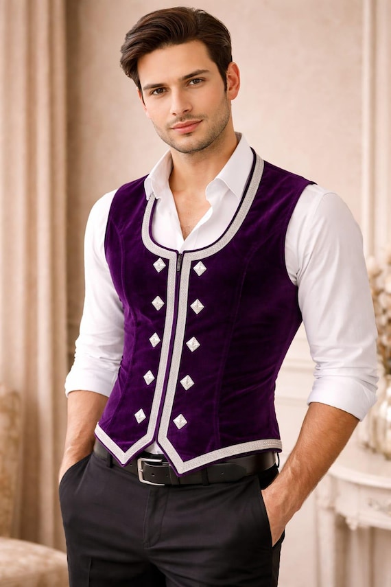Men's Royal Purple Velvet Waistcoat – Silver Trimmed Formal Party Vest