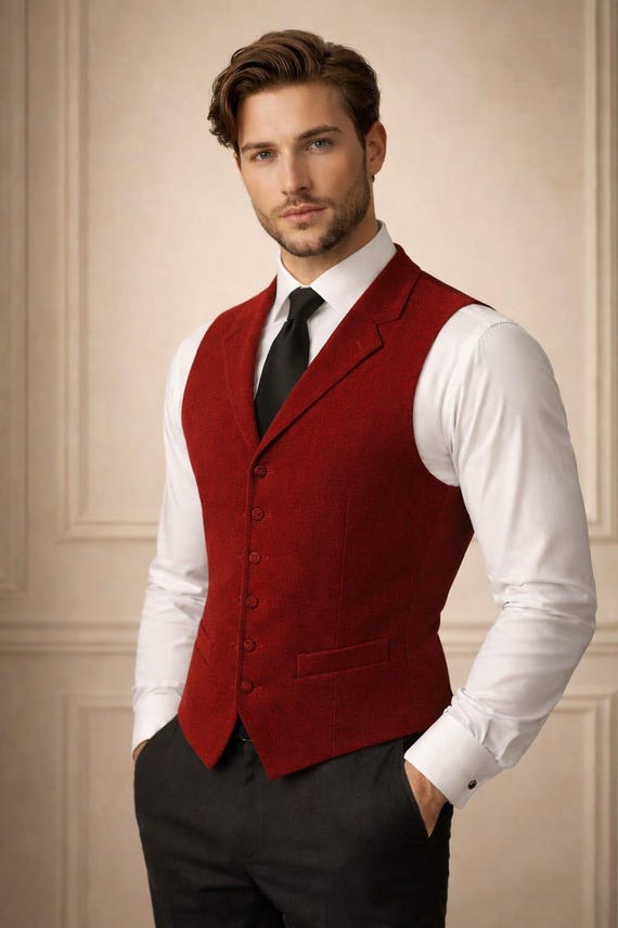 Men's Red Wool Waistcoat, Tailored Fit Formal Vest, Vintage Victorian Style Groomswear