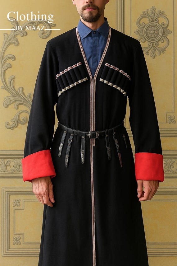 Men's Black Wool Cossack Coat, Caucasus Cherkeska, Custom Made