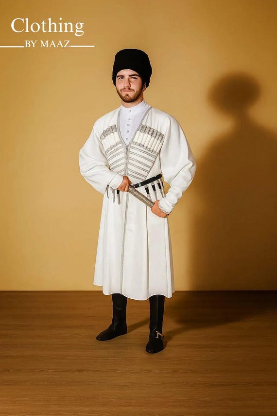 Handmade Georgian Cossack Chokha Coat: White Wool, Silk Lined, Historical Reproduction, Russian Long Coat