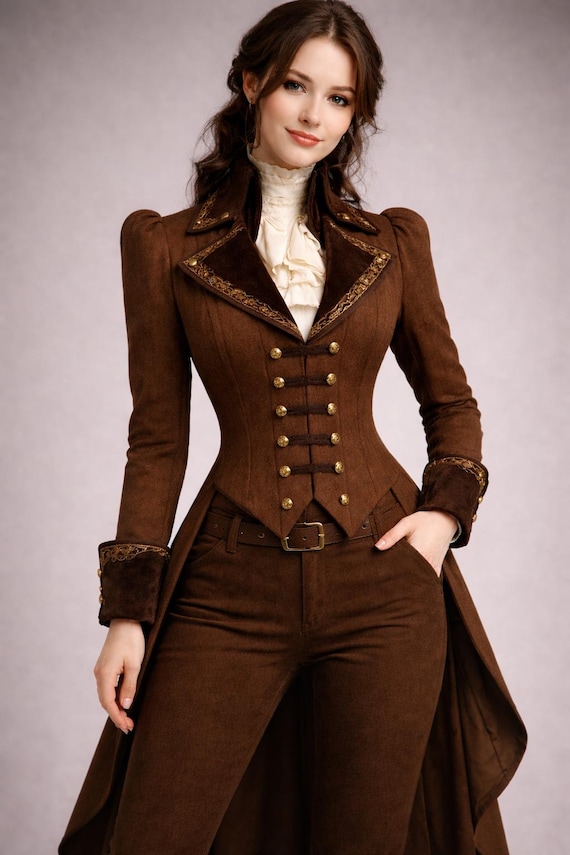 Victorian Steampunk Tailcoat - Brown Gothic Military Blazer, Vintage Women Fitted Coat