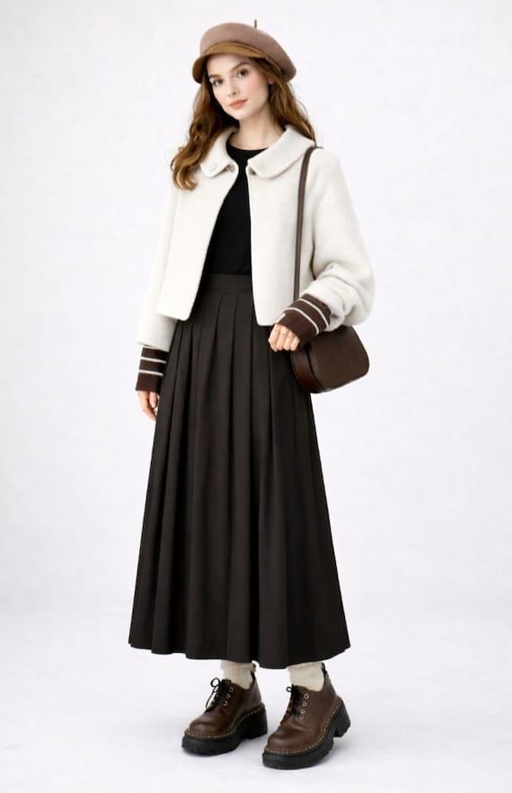 Vintage Style Wool Cropped Coat, Minimalist Off White Korean Fashion Jacket