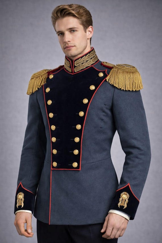 Men's Steel Blue Victorian Military Jacket, Gold Button Officer Coat