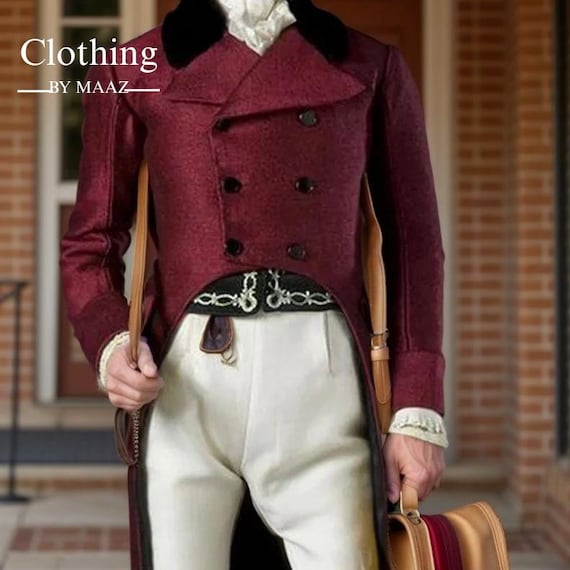 Handmade Burgundy Wool Regency Tailcoat: Men's Historical Outfit