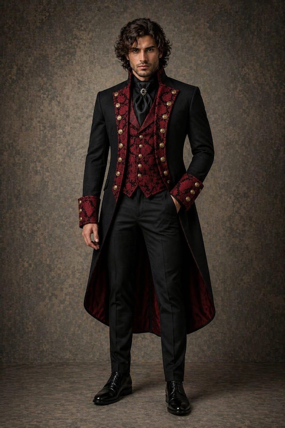 Men's Black Red Victorian Tailcoat Suit, Gothic Groom Tuxedo, Steampunk Wedding Outfit