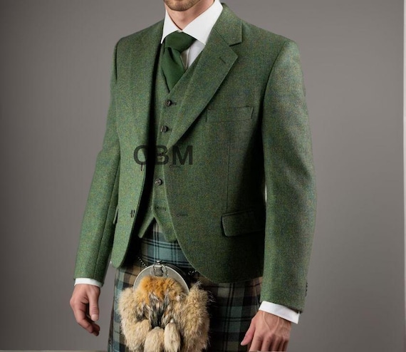 Men's Handmade Lovat Green Wool Argyle Kilt Jacket & Vest