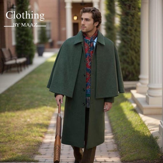 Handmade Victorian Inverness Cape Coat: Dark Green Wool Winter Outerwear