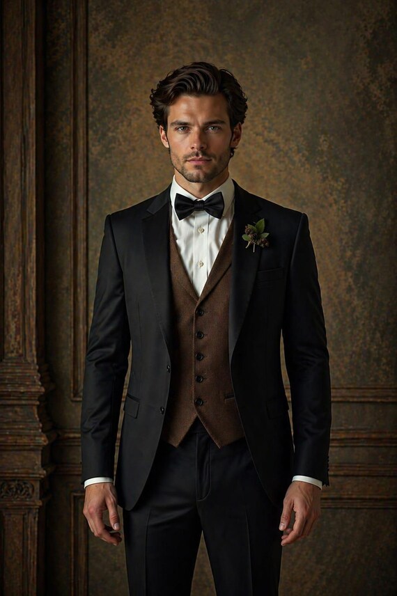 Men's Victorian Black Tailcoat Suit – Brown Waistcoat, Formal Wedding Tuxedo, Evening Wear