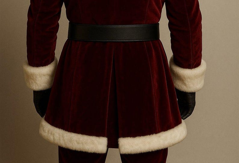 May include: A burgundy velvet Santa Claus suit with white faux fur trim on the cuffs and hem. The suit features a wide black belt and black gloves. A festive costume for Christmas celebrations.