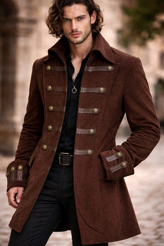 Men's Victorian Wool Military Coat – Brown Steampunk Gothic Men Jacket