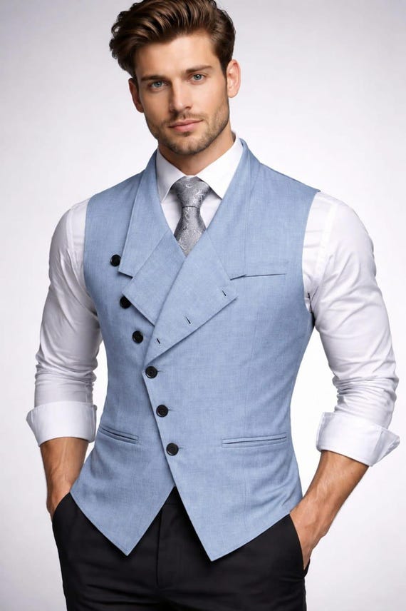 Men’s Light Blue Double Breasted Waistcoat Vest, Victorian Wedding Vest for Men, Formal Slim Fit Suit Vest, Groom Party Waistcoat