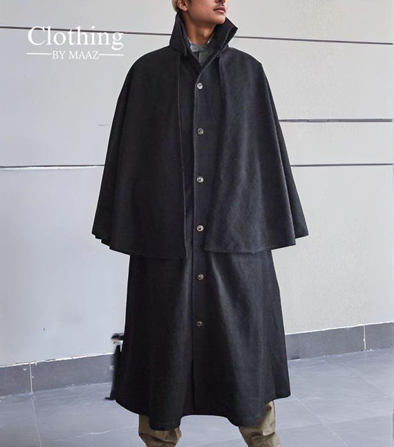 Men's Black Wool Inverness Cape Coat: Victorian Winter Outerwear